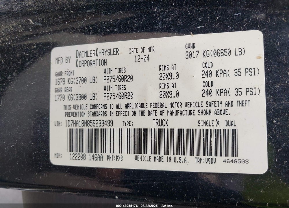 2005 DODGE RAM 1500 VIN: 1D7HA18N85S233499