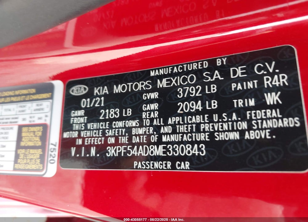 2021 KIA FORTE VIN: 3KPF54AD8ME330843