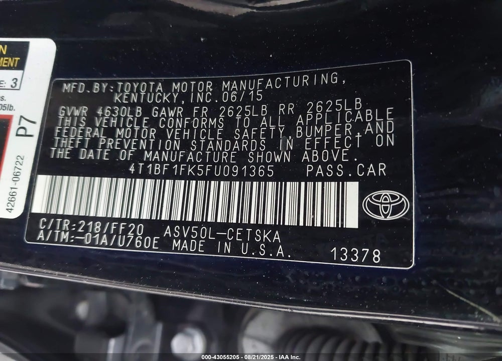 2015 TOYOTA CAMRY VIN: 4T1BF1FK5FU091365