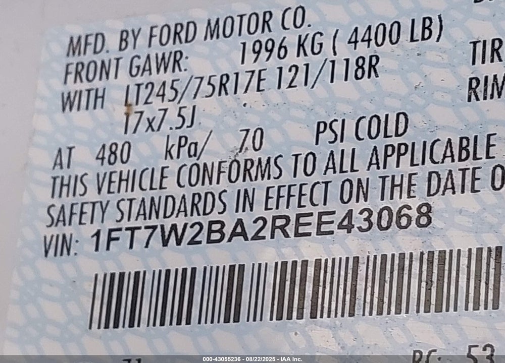 2024 FORD F-250 SUPER DUTY VIN: 1FT7W2BA2REE43068