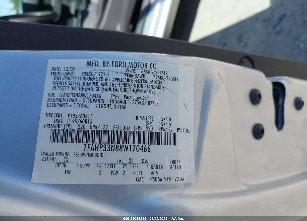 2008 FORD FOCUS SE/SES VIN: 1FAHP33N88W170466