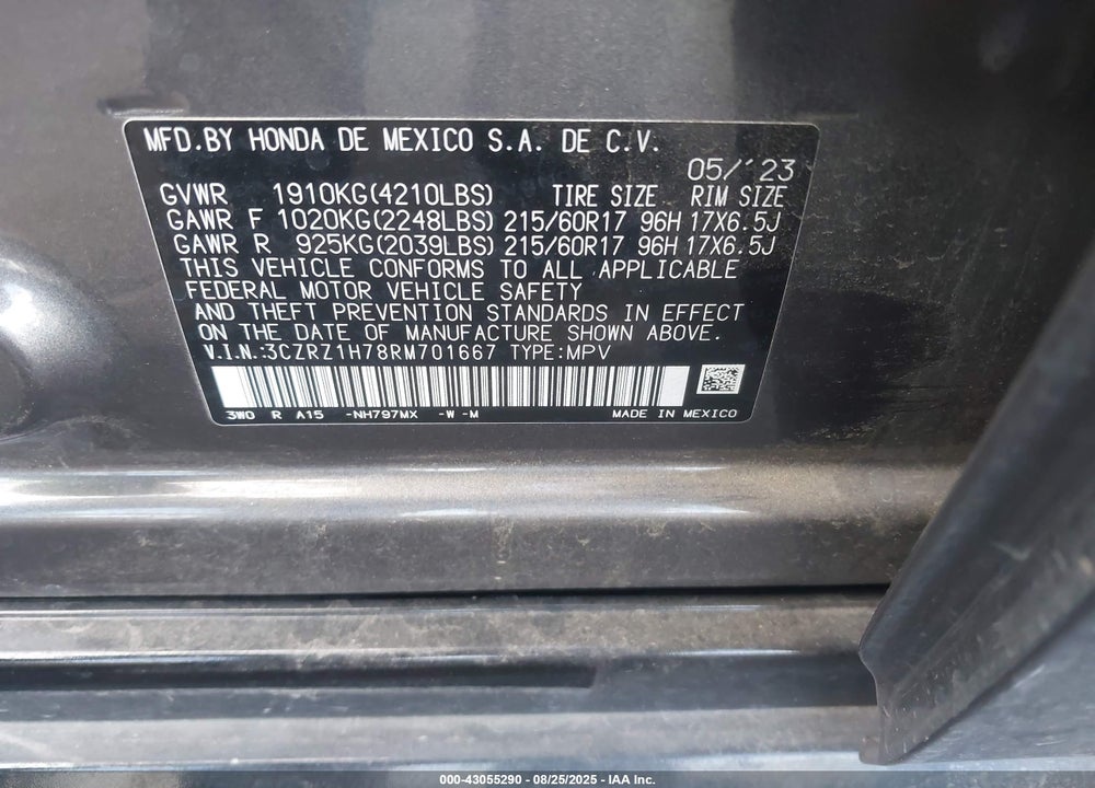 2024 HONDA HR-V VIN: 3CZRZ1H78RM701667