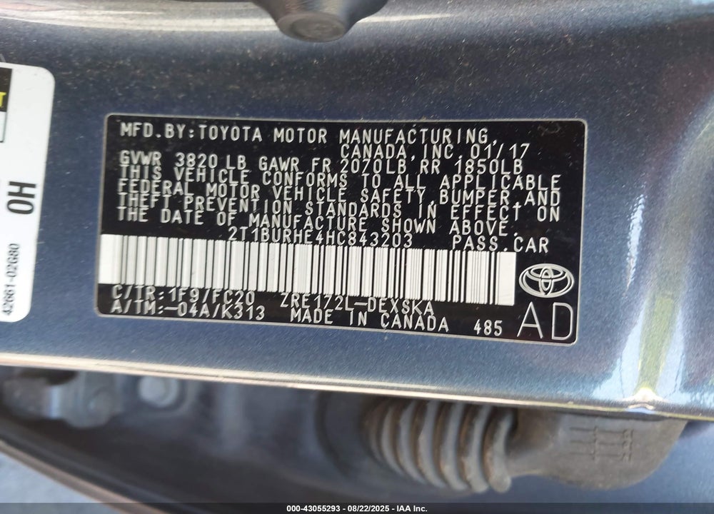 2017 TOYOTA COROLLA VIN: 2T1BURHE4HC843203