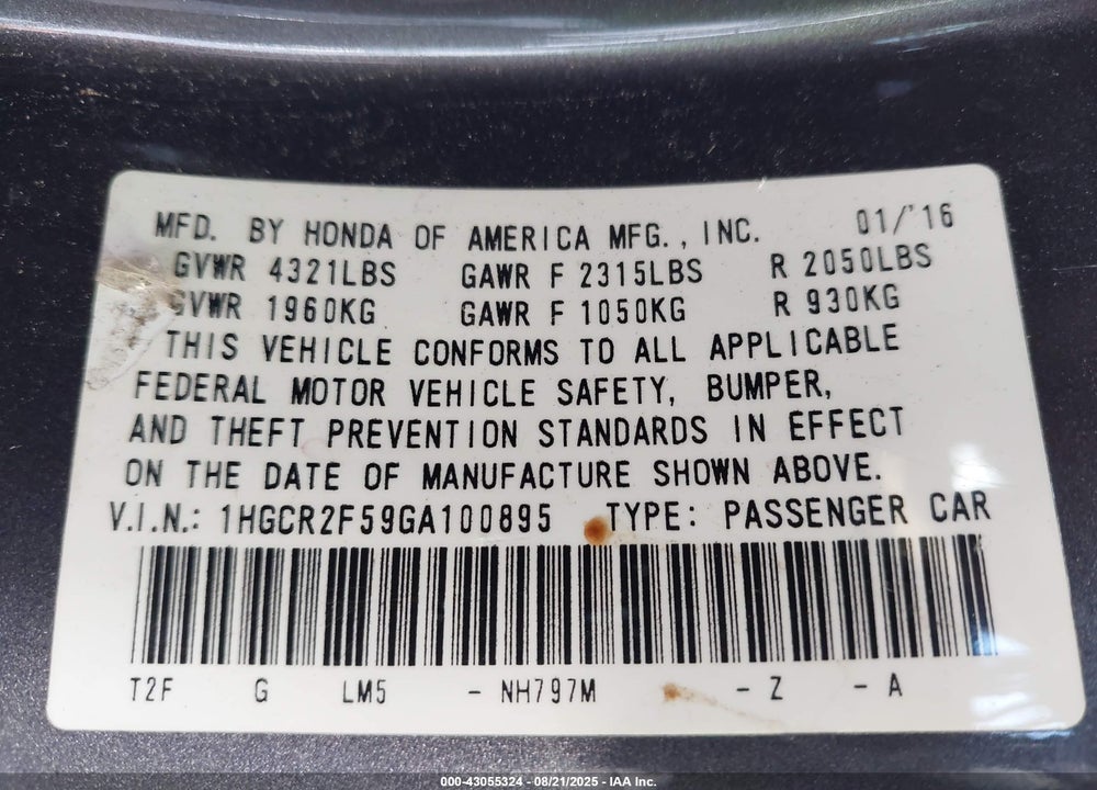 2016 HONDA ACCORD VIN: 1HGCR2F59GA100895
