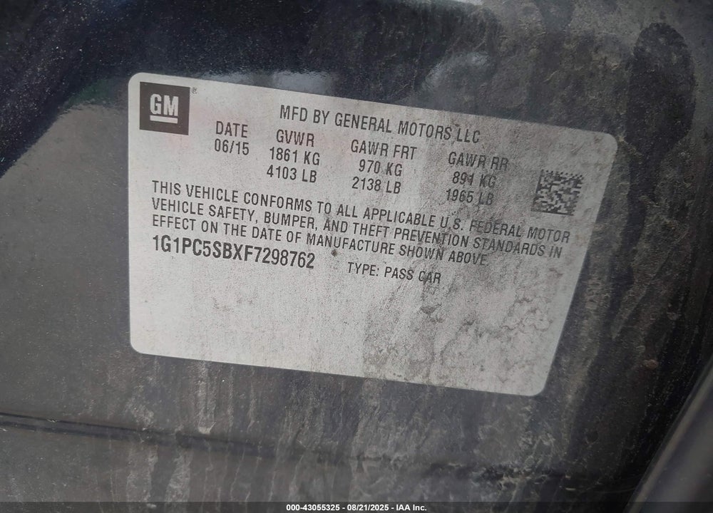 2015 CHEVROLET CRUZE VIN: 1G1PC5SBXF7298762