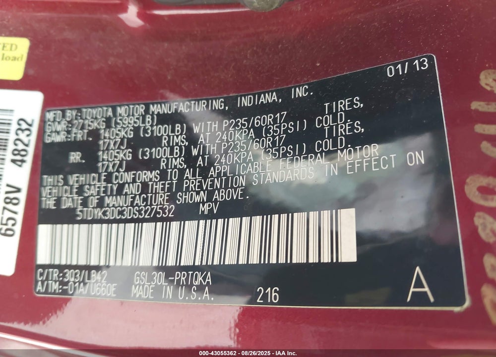 2013 TOYOTA SIENNA VIN: 5TDYK3DC3DS327532