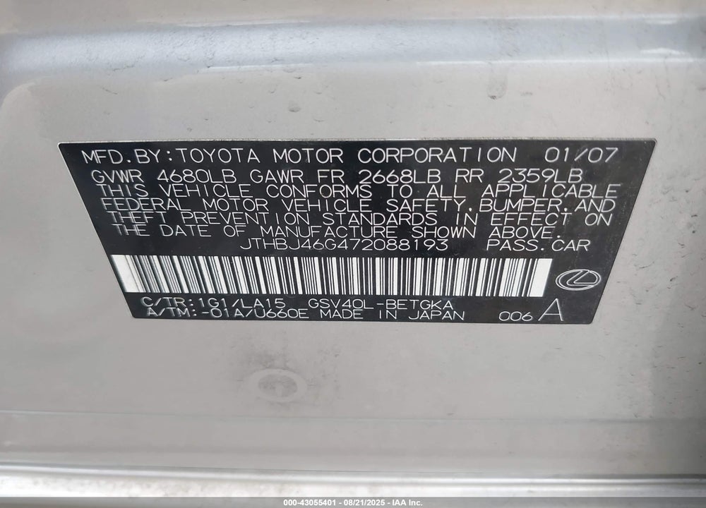2007 LEXUS ES 350 VIN: JTHBJ46G472088193