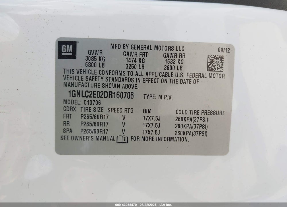 2013 CHEVROLET TAHOE VIN: 1GNLC2E02DR160706