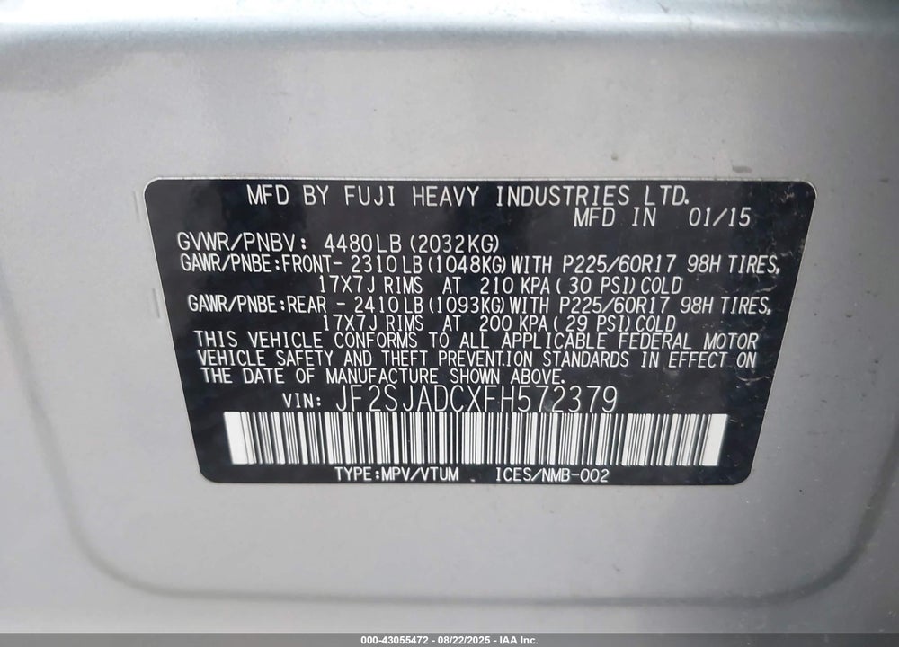 2015 SUBARU FORESTER VIN: JF2SJADCXFH572379