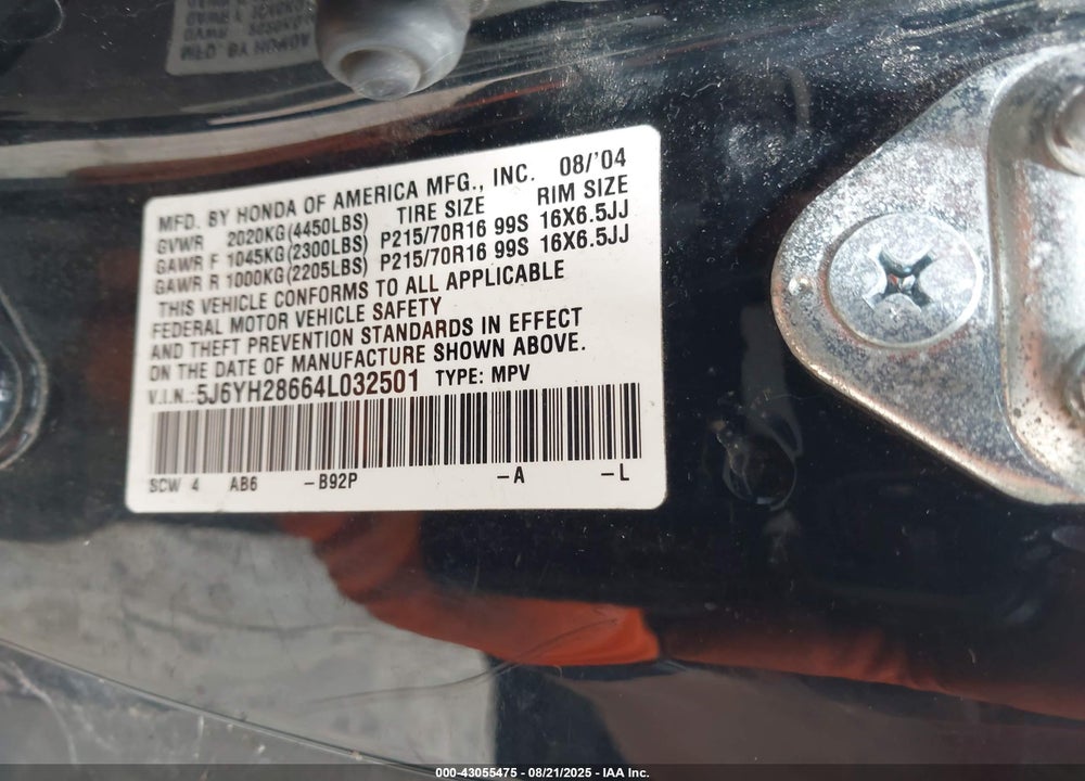 2004 HONDA ELEMENT EX VIN: 5J6YH28664L032501
