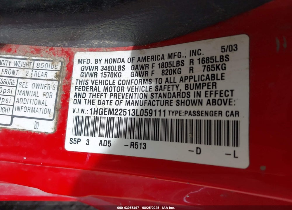 2003 HONDA CIVIC LX VIN: 1HGEM22513L059111