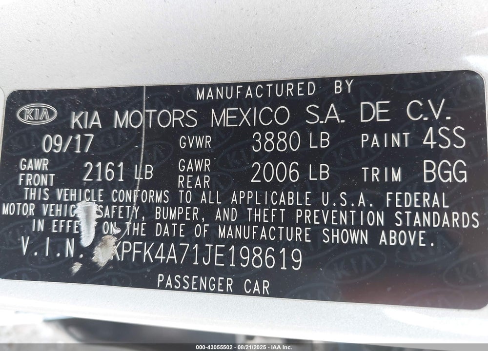 2018 KIA FORTE VIN: 3KPFK4A71JE198619