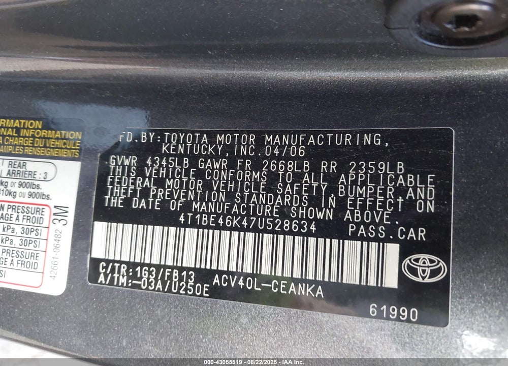 2007 TOYOTA CAMRY LE VIN: 4T1BE46K47U528634