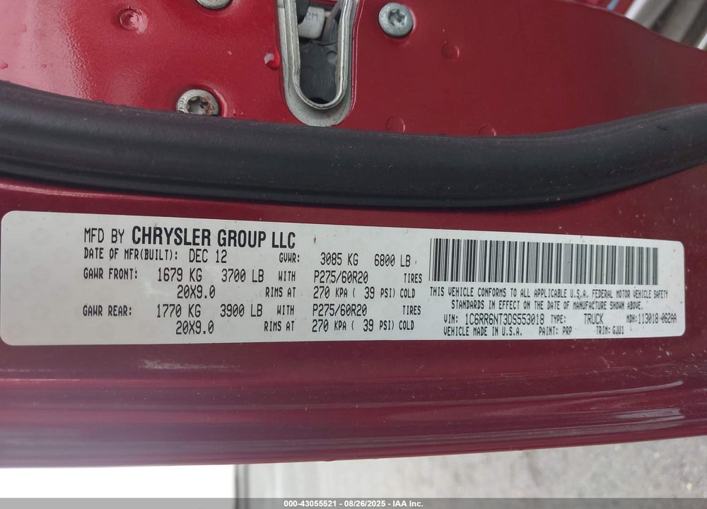 2013 RAM 1500 VIN: 1C6RR6NT3DS553018