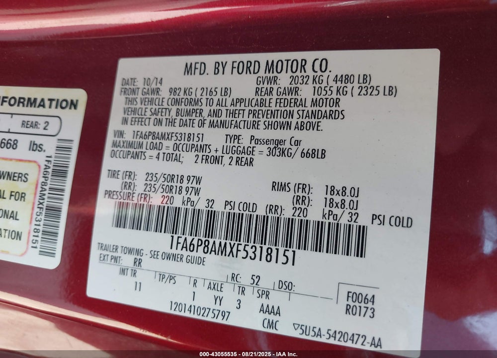 2015 FORD MUSTANG VIN: 1FA6P8AMXF5318151