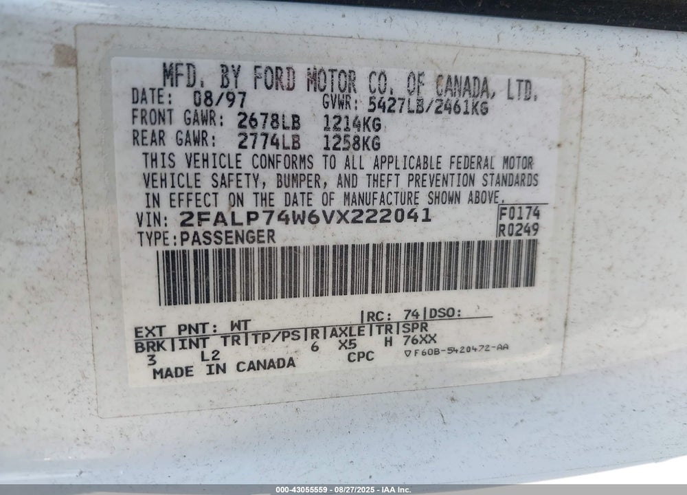 1997 FORD CROWN VICTORIA LX VIN: 2FALP74W6VX222041