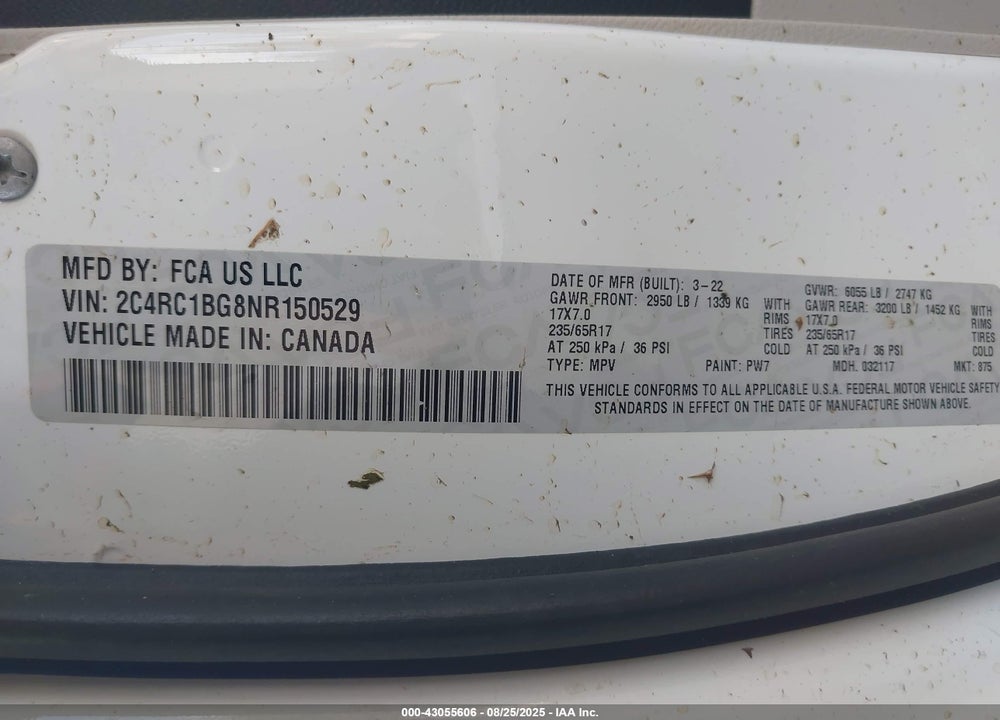 2022 CHRYSLER PACIFICA TOURING L VIN: 2C4RC1BG8NR150529