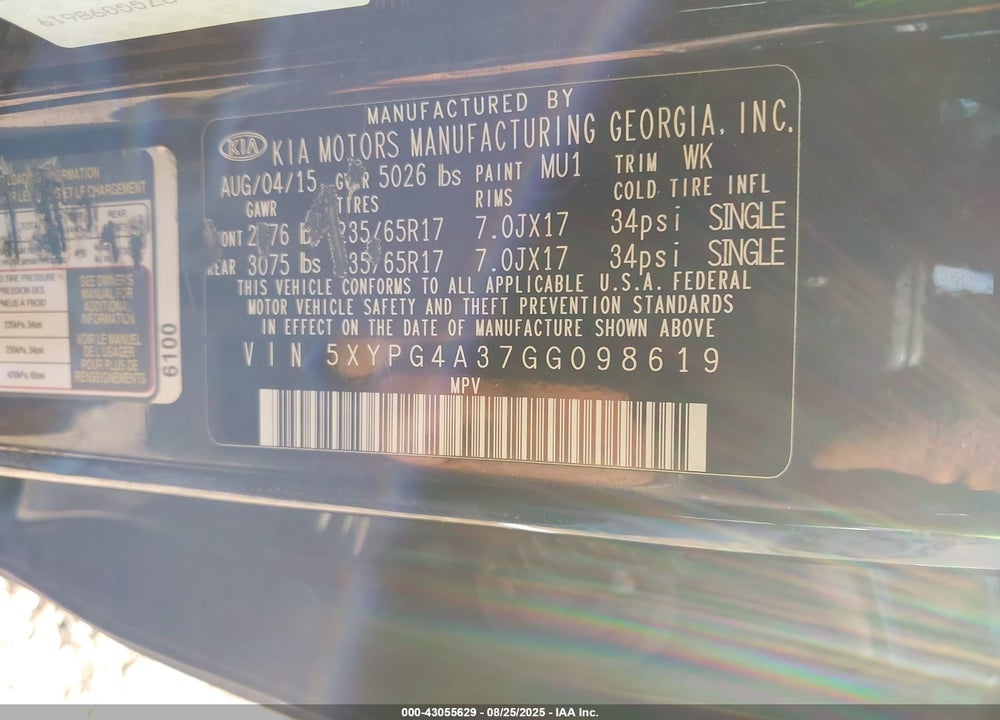 2016 KIA SORENTO 2.4L LX VIN: 5XYPG4A37GG098619