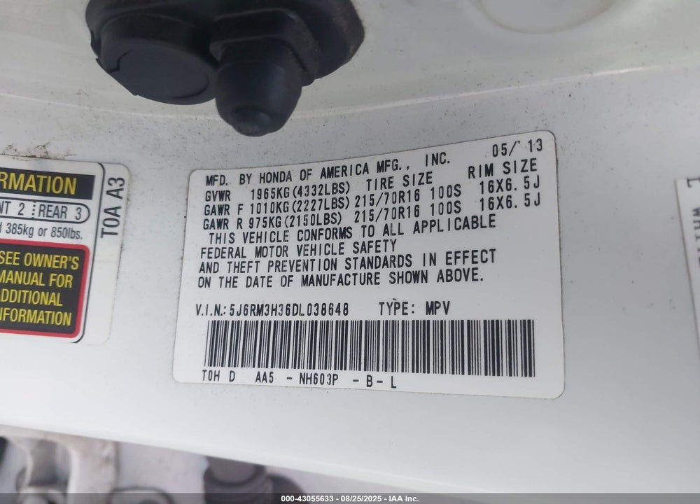 2013 HONDA CR-V LX VIN: 5J6RM3H36DL038648