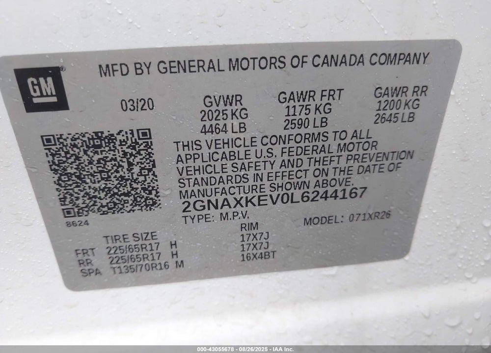 2020 CHEVROLET EQUINOX VIN: 2GNAXKEV0L6244167