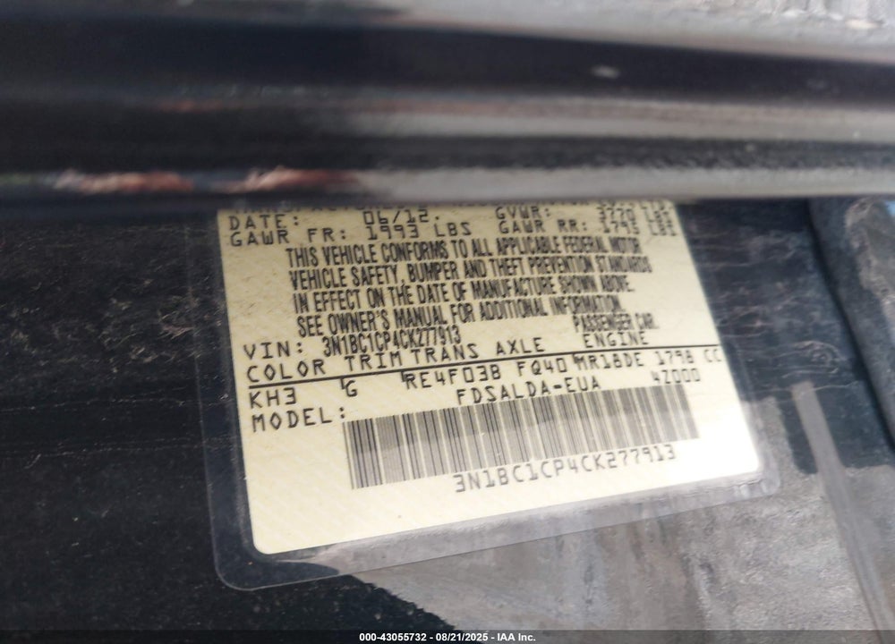 2012 NISSAN VERSA VIN: 3N1BC1CP4CK277913