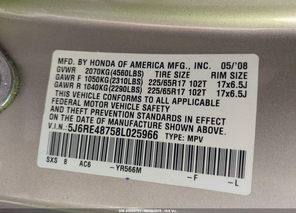 2008 HONDA CR-V EX-L VIN: 5J6RE48758L025966
