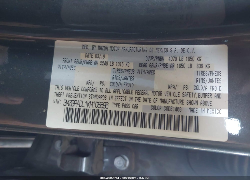 2019 MAZDA 3 VIN: 3MZBPADL1KM106596