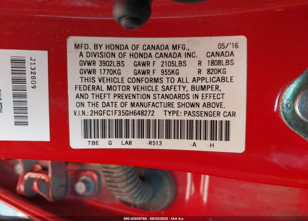 2016 HONDA CIVIC VIN: 2HGFC1F35GH648272
