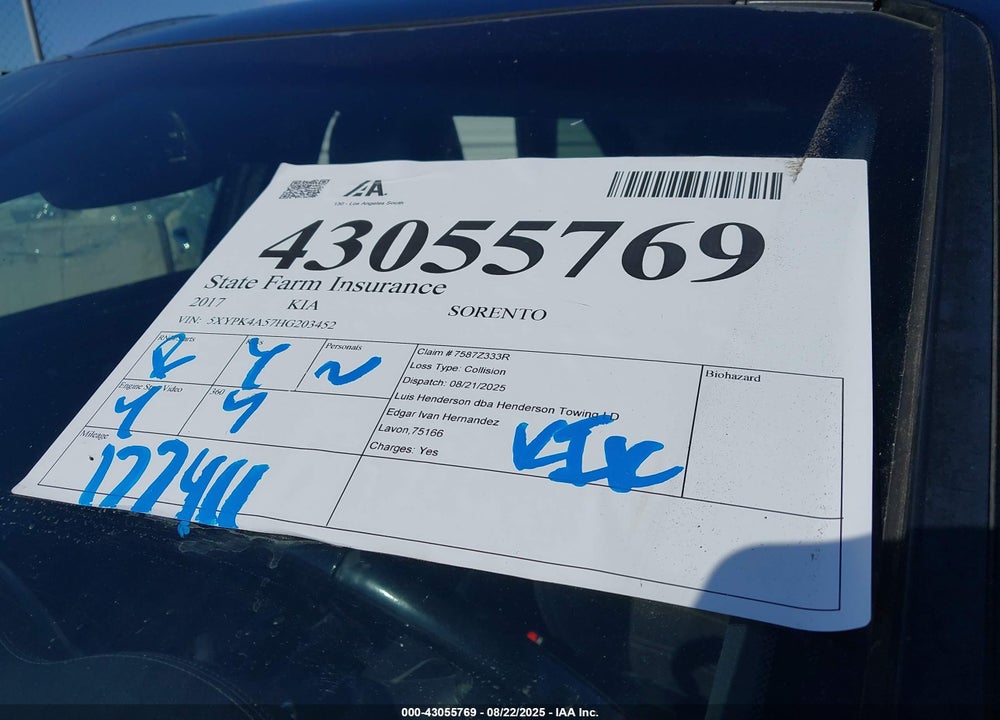 2017 KIA SORENTO VIN: 5XYPK4A57HG203452