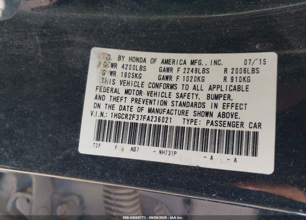 2015 HONDA ACCORD LX VIN: 1HGCR2F37FA236021