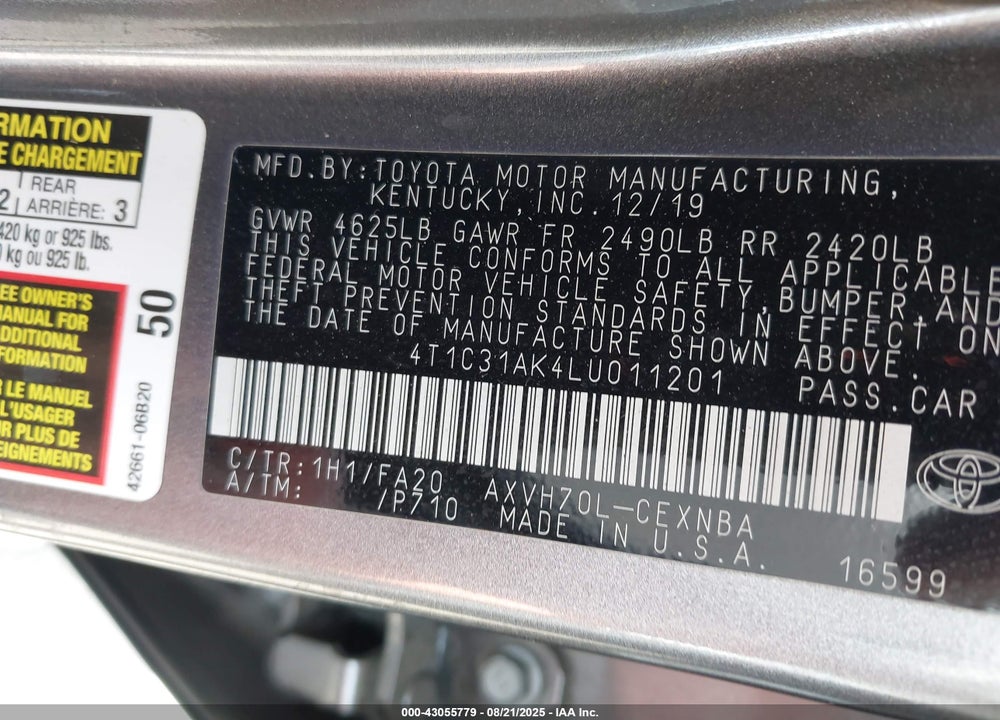 2020 TOYOTA CAMRY VIN: 4T1C31AK4LU011201
