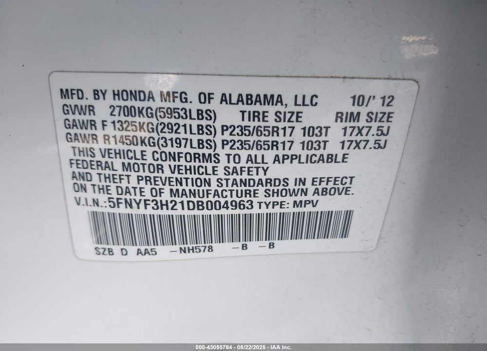 2013 HONDA PILOT LX VIN: 5FNYF3H21DB004963