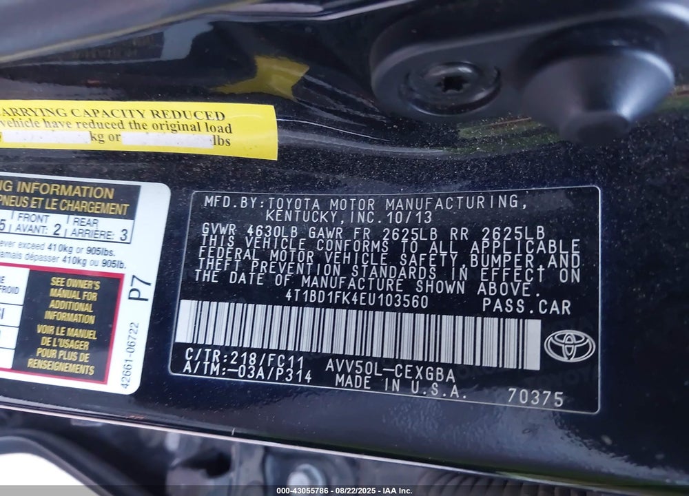 2014 TOYOTA CAMRY HYBRID VIN: 4T1BD1FK4EU103560