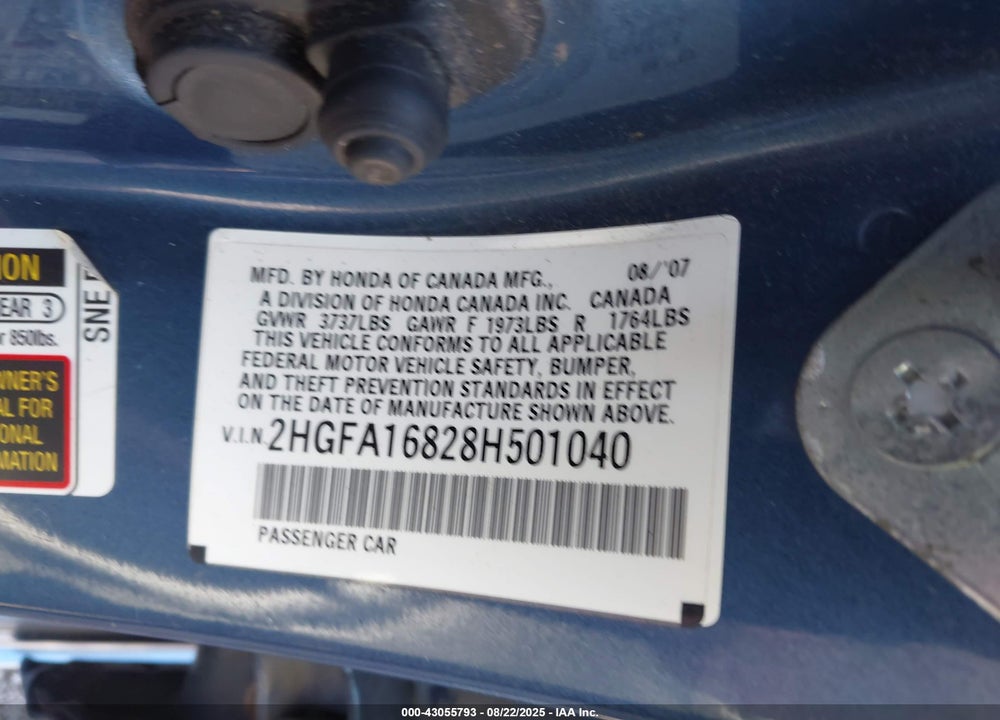 2008 HONDA CIVIC EX VIN: 2HGFA16828H501040