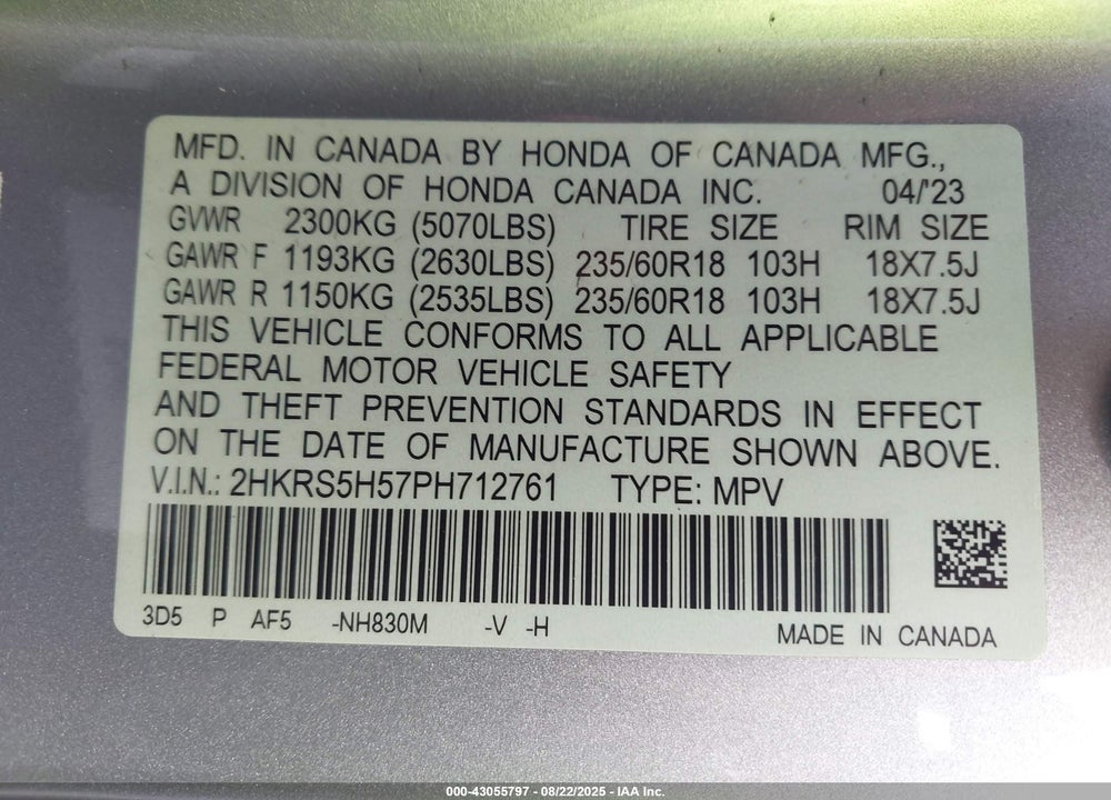 2023 HONDA CR-V HYBRID SPORT VIN: 2HKRS5H57PH712761