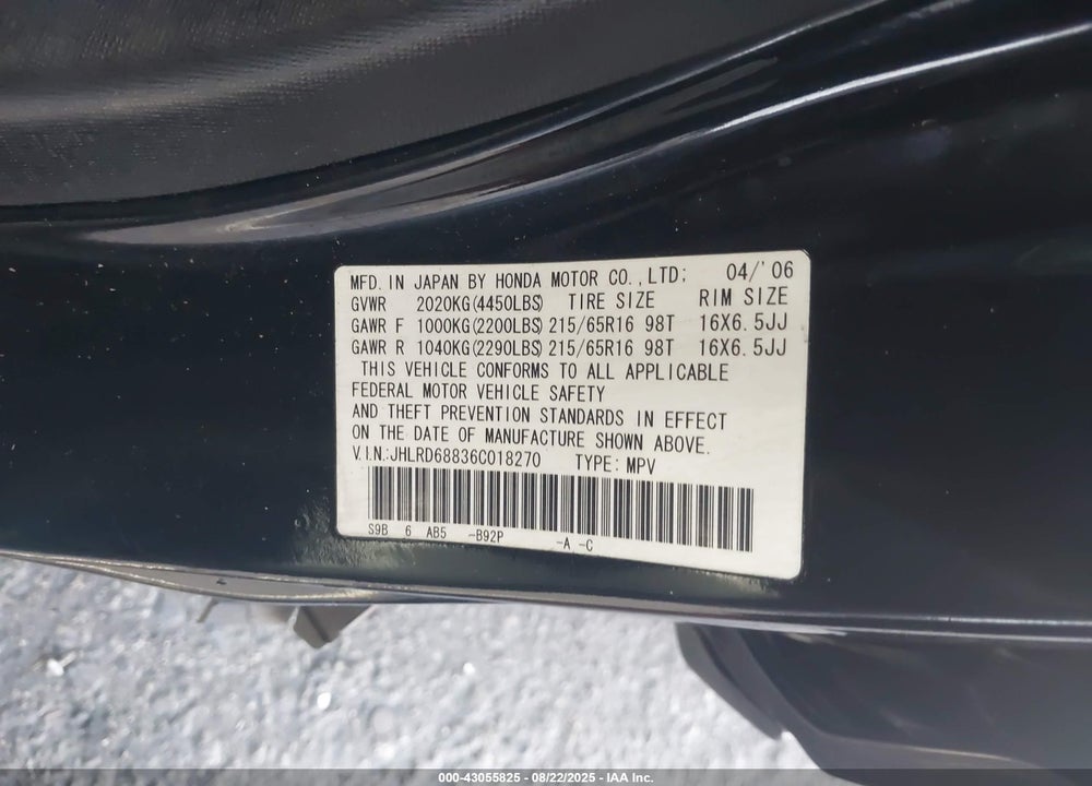 2006 HONDA CR-V EX VIN: JHLRD68836C018270
