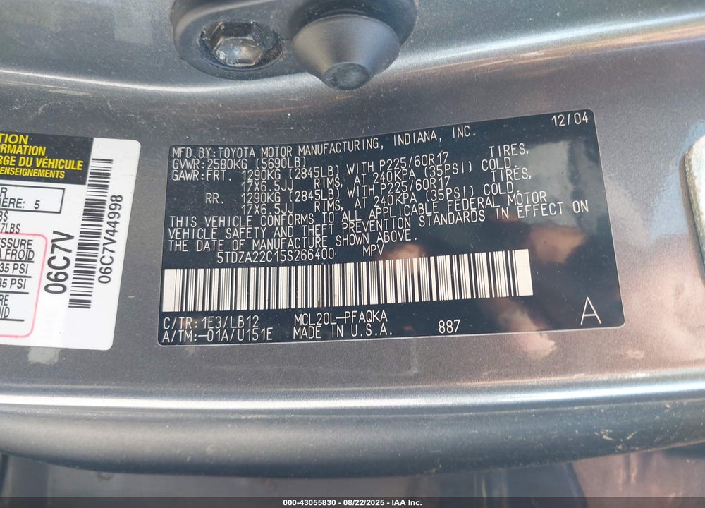 2005 TOYOTA SIENNA XLE/XLE LIMITED VIN: 5TDZA22C15S266400
