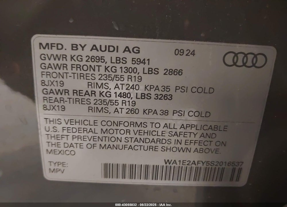 2025 AUDI Q5 PREMIUM PLUS 55 TFSI E S LINE QUATTRO S TRONIC VIN: WA1E2AFY5S2016537