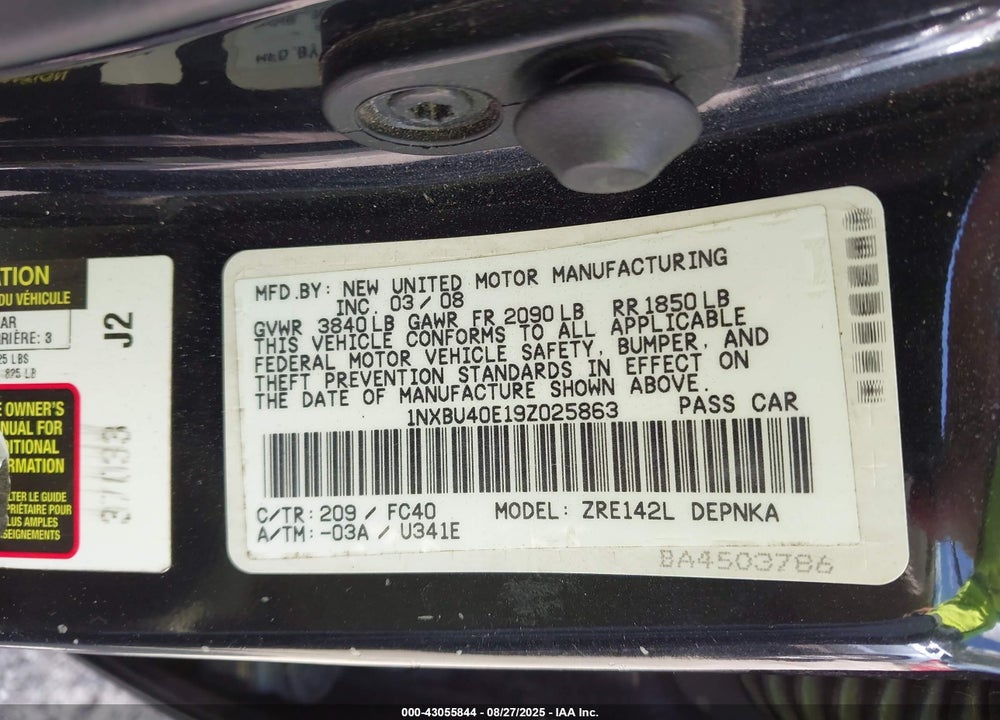 2009 TOYOTA COROLLA XLE VIN: 1NXBU40E19Z025863