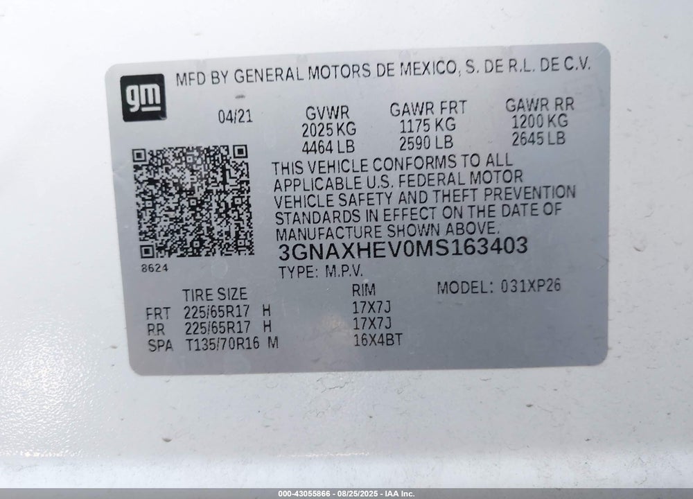 2021 CHEVROLET EQUINOX FWD LS VIN: 3GNAXHEV0MS163403