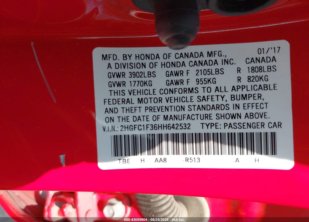 2017 HONDA CIVIC VIN: 2HGFC1F36HH642532