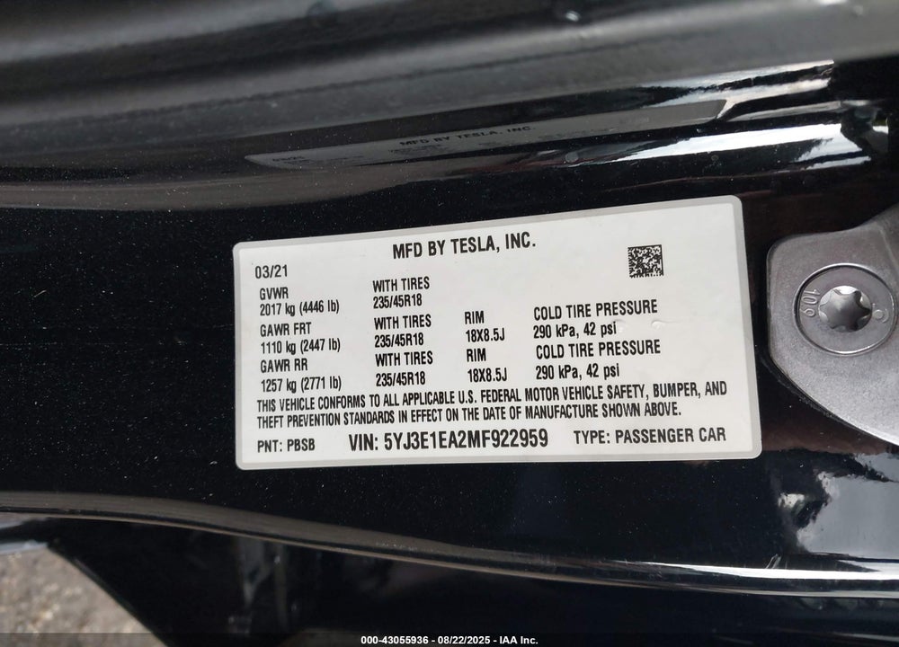 2021 TESLA MODEL 3 STANDARD RANGE PLUS REAR-WHEEL DRIVE VIN: 5YJ3E1EA2MF922959
