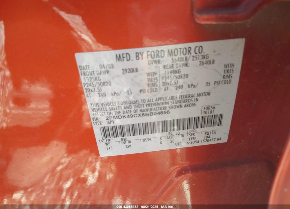 2008 FORD EDGE LIMITED VIN: 2FMDK49CX8BB04856