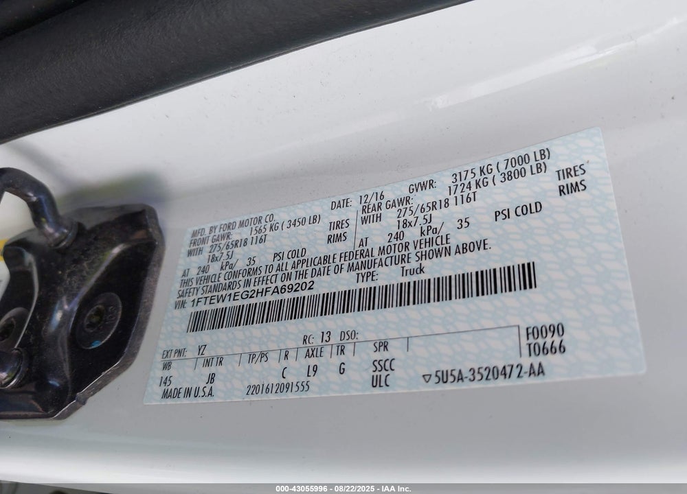 2017 FORD F-150 VIN: 1FTEW1EG2HFA69202
