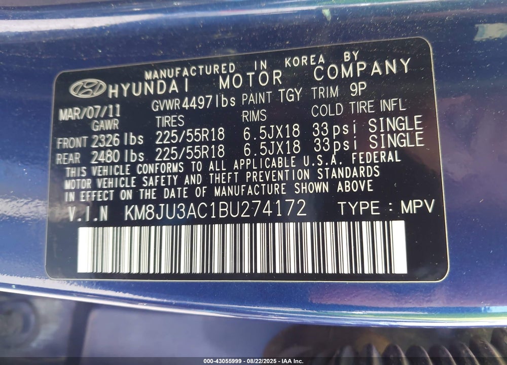 2011 HYUNDAI TUCSON LIMITED VIN: KM8JU3AC1BU274172