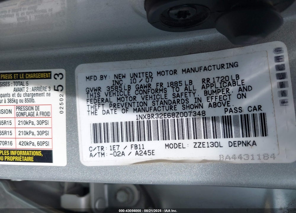2008 TOYOTA COROLLA LE VIN: 1NXBR32E68Z007348