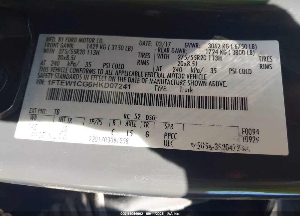 2017 FORD F-150 VIN: 1FTEW1CG6HKD07241