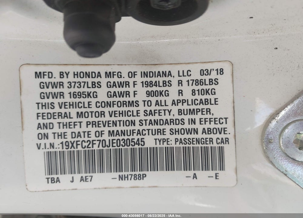 2018 HONDA CIVIC VIN: 19XFC2F70JE030545