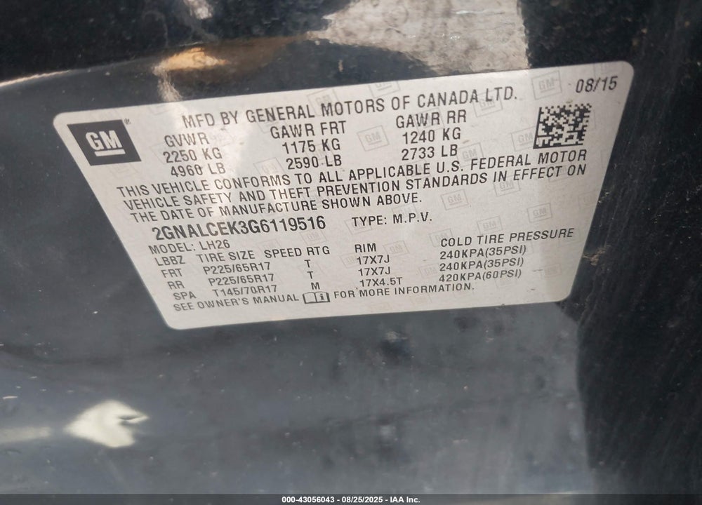 2016 CHEVROLET EQUINOX VIN: 2GNALCEK3G6119516