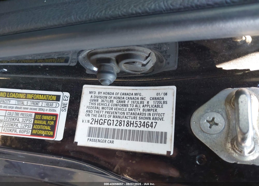 2008 HONDA CIVIC VIN: 2HGFG12818H534647